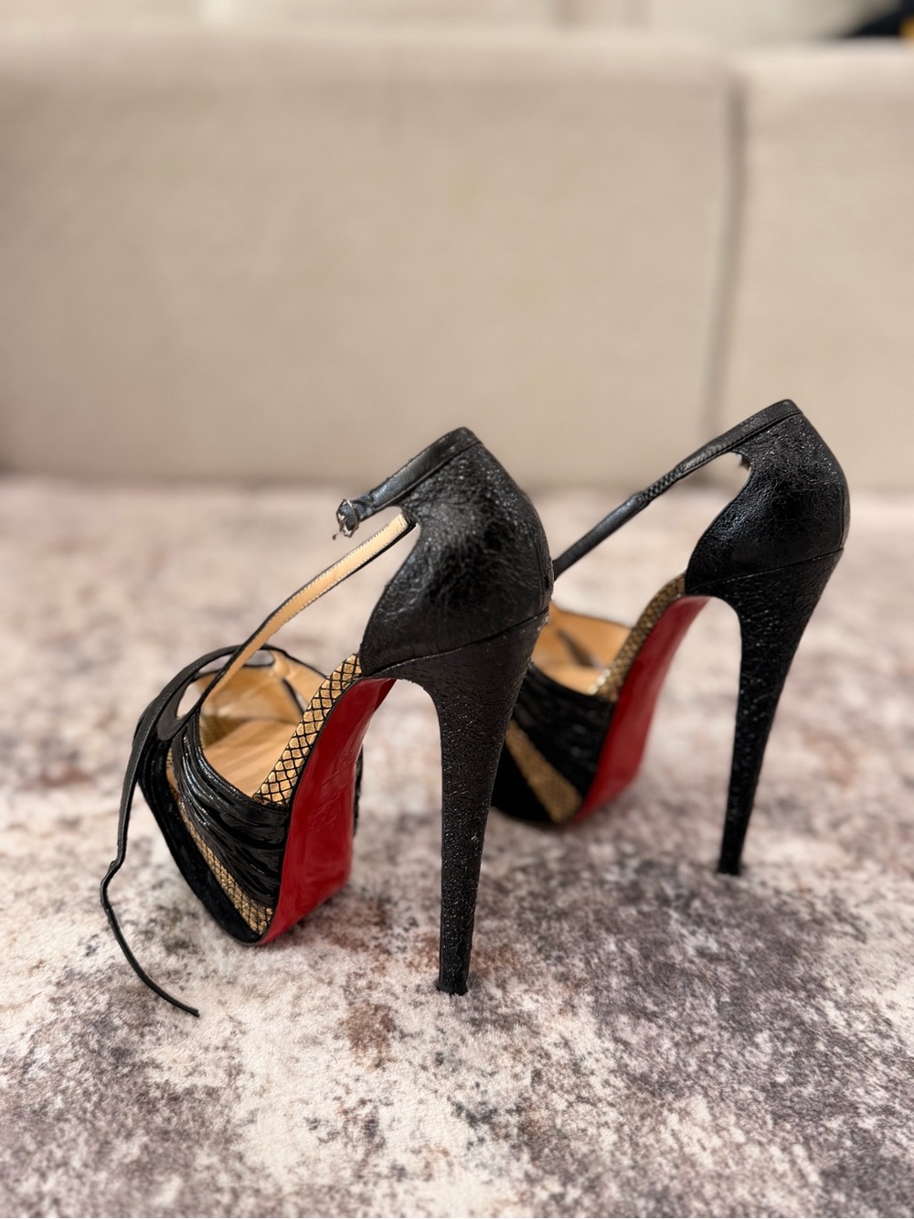 Christian Louboutin Foolish 130 Black & Gold Snakeskin Platform Sandals.